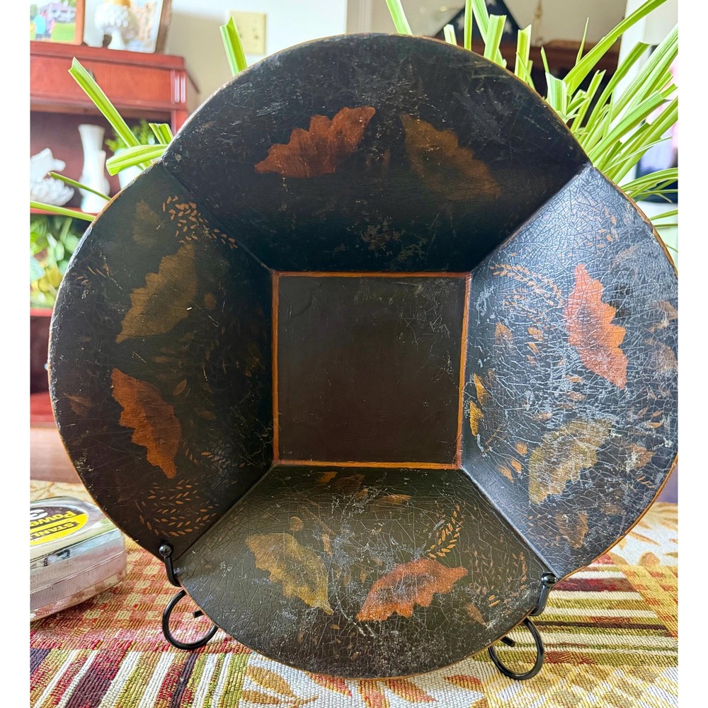 Vintage Black Toleware Metal Flared Square Bowl – Painted Tin Centerpiece